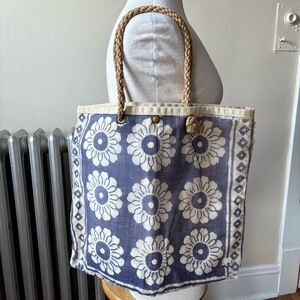 90s Indian Cotton and Canvas Tote Bag with Rope Handles